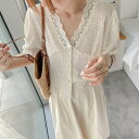 宮廷風 刺_ レース透け感 短袖 無地 シャツブラウス<a target=