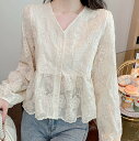 レース刺繍ブラウス トップス レース カットソーVネック メッシュ セクシー 長袖 総レース 春 可愛いトップス S/M/L/XL【送料無料】