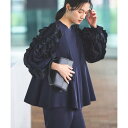 ルイルエブティック RUIRUE BOUTIQUE 【ストレッチ/異素材MIX】フリルスリーブ・ペプラムトップス&テーパードパンツ(ツータック) (ネイビー)