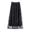 レース スカート レディース きれいめ Aライン ゴム チュール フレア ロング ミモレ丈 細身え 着痩せ 裏地 ハイウエスト シアー ひらひら ふんわり 春秋 メッシュ ガーゼ フェミニン ガーリー 花 刺繍 スパンコール ブラック ホワイト