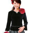即納★ ベロアぺプラムブラウス [TK2527-1-2936] レディース ストレッチ素材 フリル袖 ラインストーン コーラス 合唱 ステージ衣装 発表会 演奏会 衣装 黒