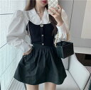 高級感たっぷり ミニスカート ニットベスト シャツ セット シンプル ギャザリング スリム<a target=
