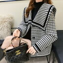 【最大2000円まとめクーポン利用可】ショート コート レディース 秋冬 新作 チュニック 毛糸 セーター ニット ロング 袖 ジャケット フェミニン ネイビー 千鳥格子 デザイン ふわふわ