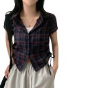 【最大2000円まとめクーポン利用可】シャツ 半袖 スカラップ ウエスト締め 抽褶 短丈 チェック柄 カジュアル 夏用
