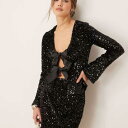 ジーナ トリコット ミックス アンド マッチ スパンコール トップス、タイフロント リボン ディテール、フルートスリーブ、ブラック トップス レディース 女性 インポートブランド 小さいサイズから大きいサイズまで